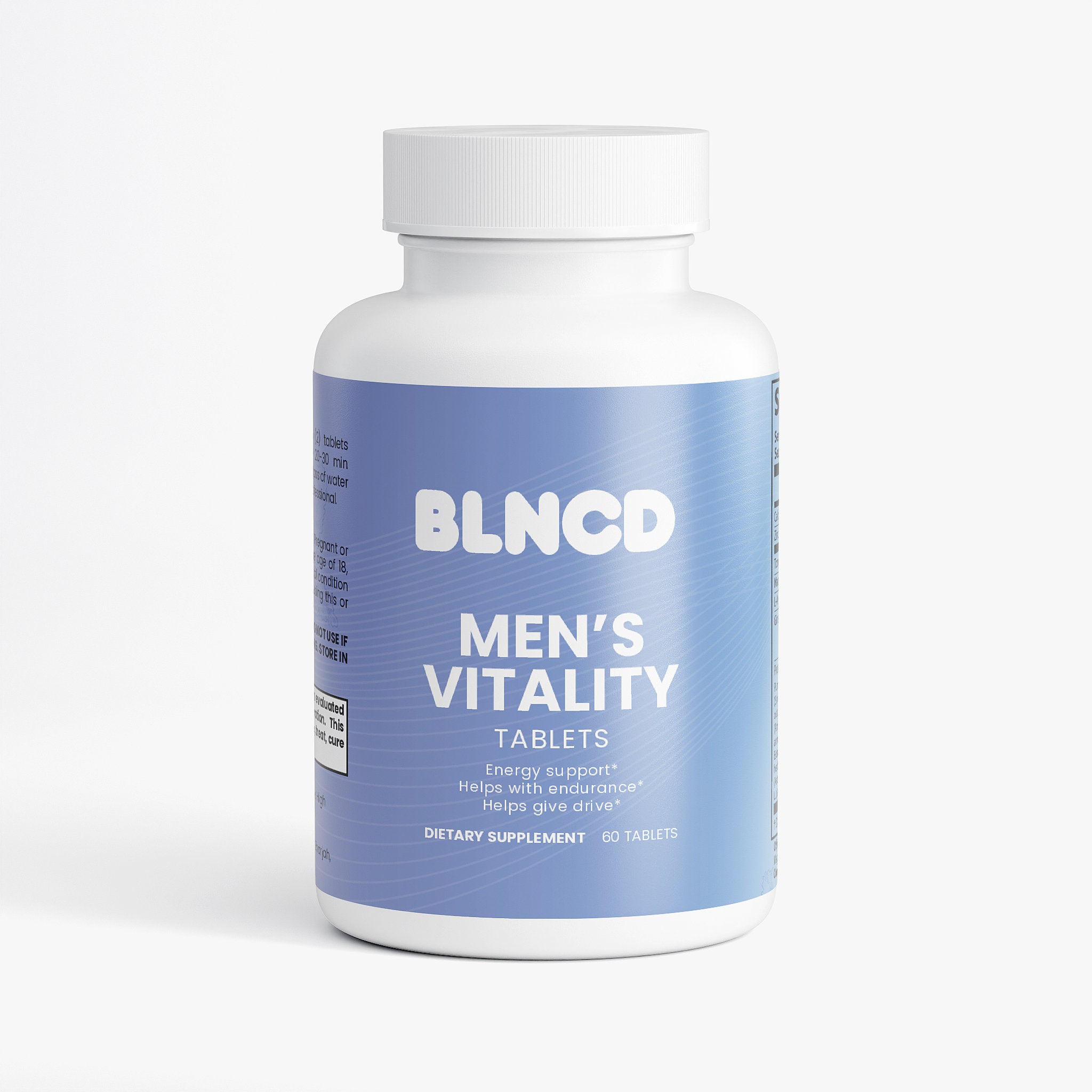 Bottle of BLNCD Men's Vitality Tablets on a white background
