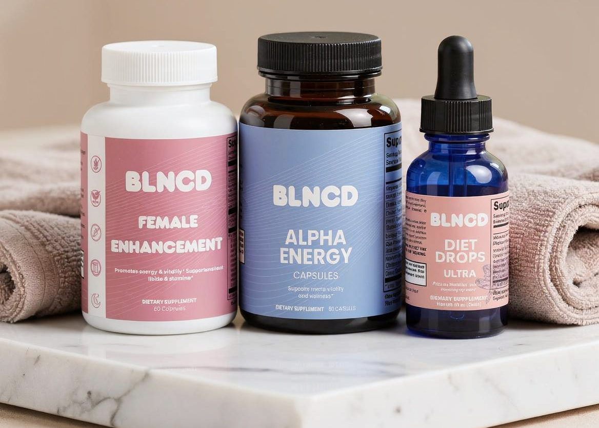 Three BLNCD supplement bottles on a marble surface with a neutral background